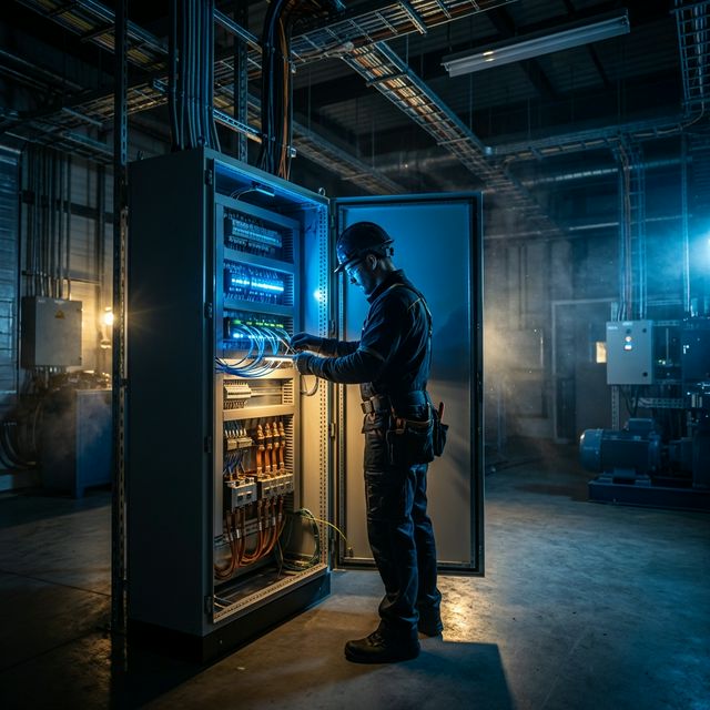 Ingeniero eléctrico trabajando en tablero de control industrial con iluminación azul