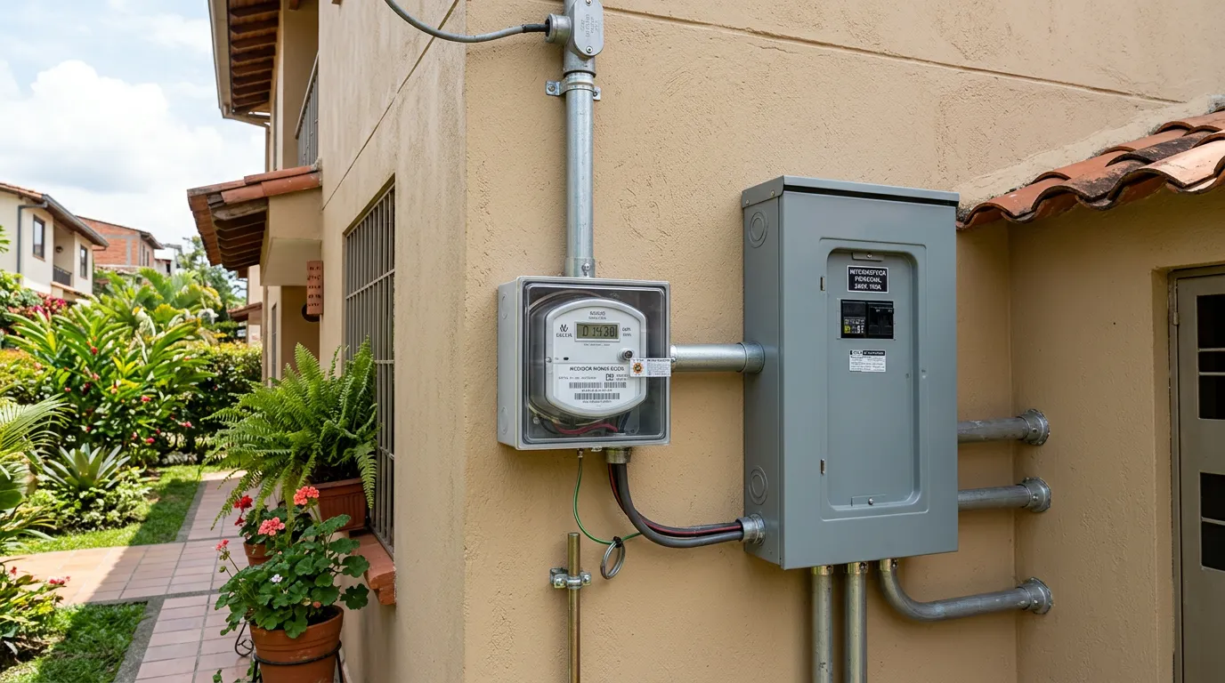 Acometida eléctrica residencial moderna con medidor, conduit y tablero general