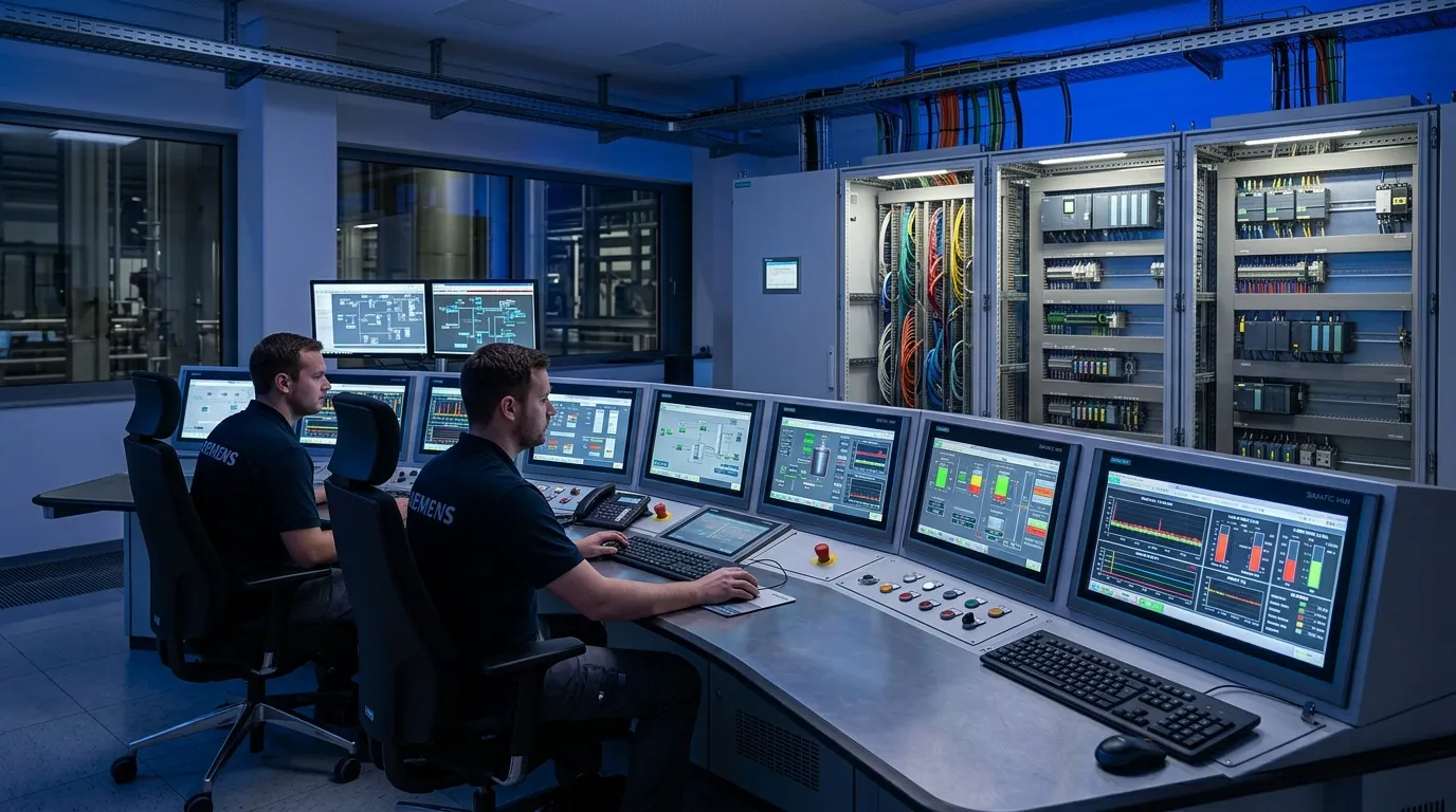 Sala de automatización y control industrial con PLC Siemens y pantallas HMI