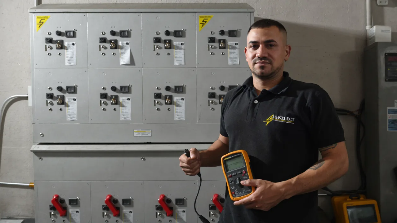 Analizador de red Fluke conectado a tablero industrial trifásico para estudio de calidad de energía