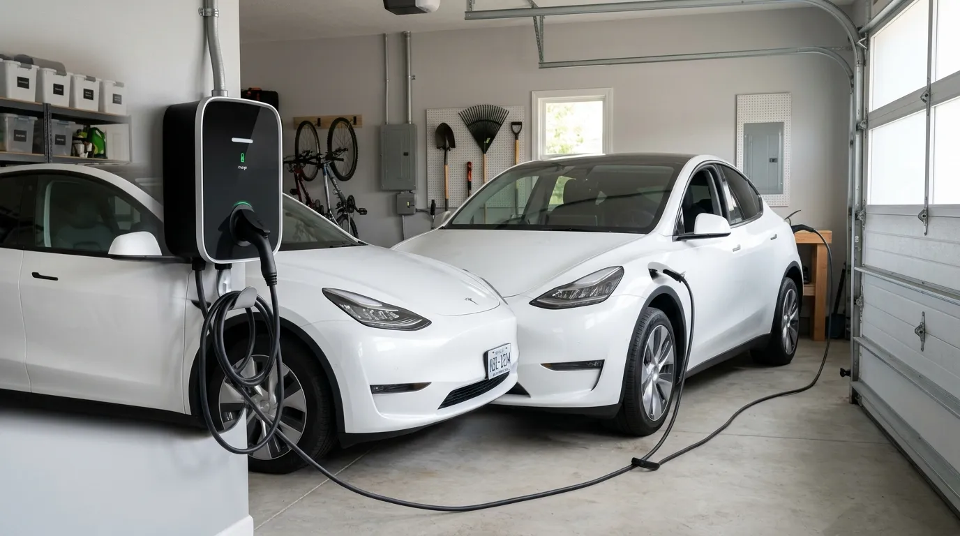 Cargador eléctrico wallbox para vehículo eléctrico instalado en garaje residencial