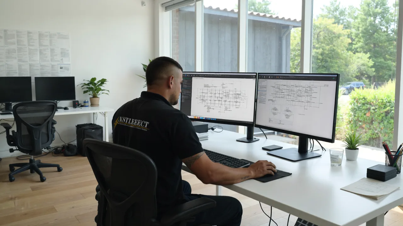 Escritorio de ingeniero eléctrico con planos y diseños CAD en pantalla