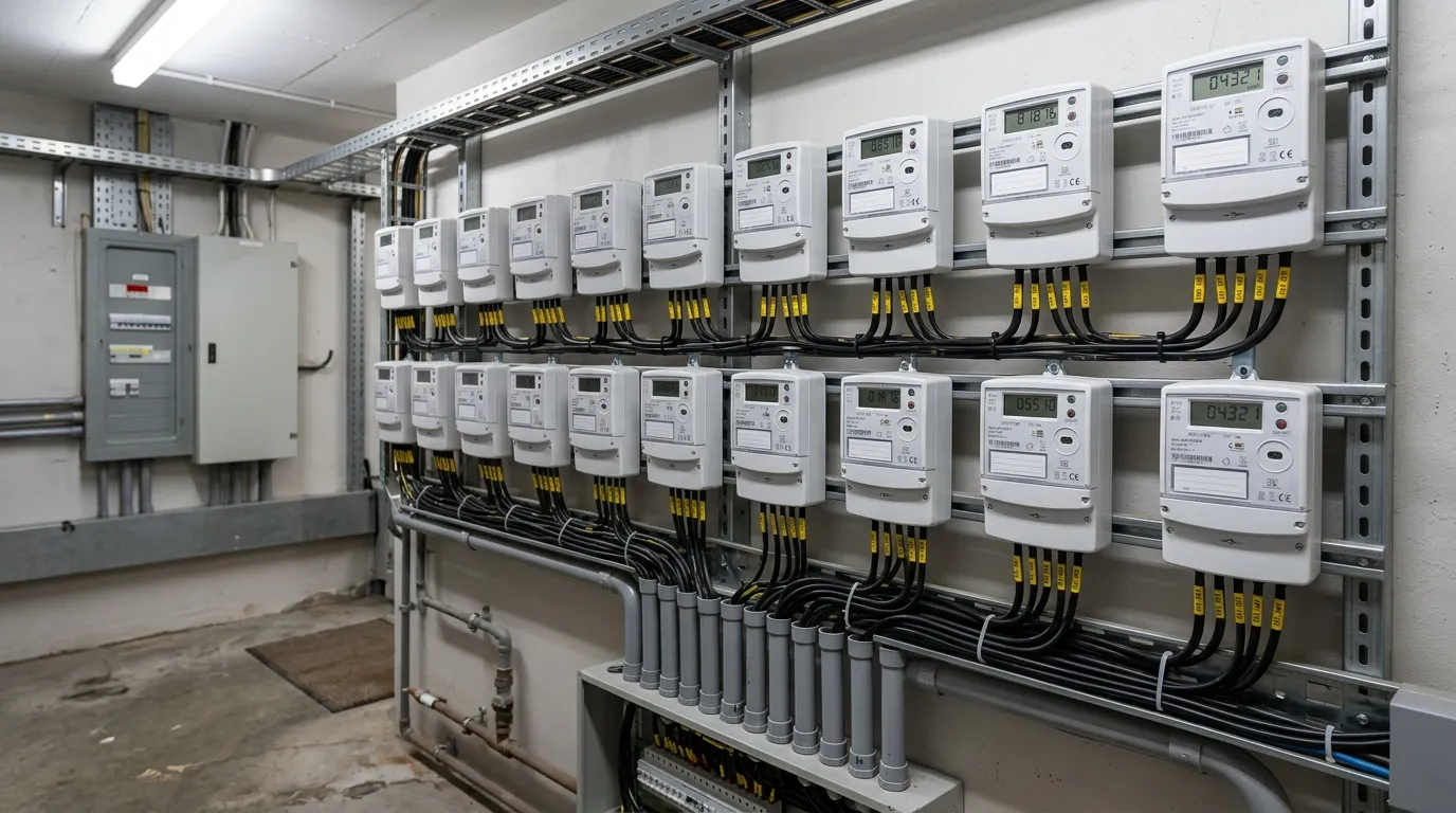 Red de contadores eléctricos en sala de medidores de edificio residencial