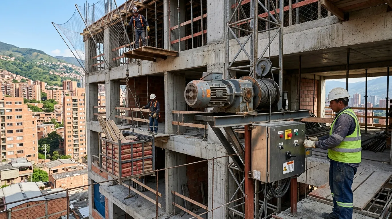 Malacate de carga eléctrico elevando materiales en obra de construcción