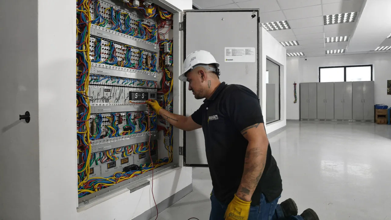 Electricista industrial con EPP completo realizando mantenimiento a tablero eléctrico trifásico