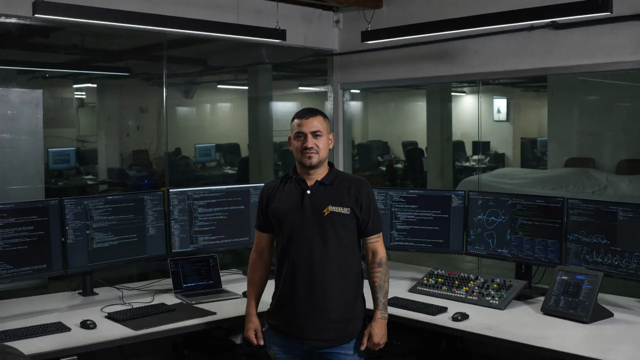 Ingeniero programando PLC con laptop mostrando lógica ladder en pantalla