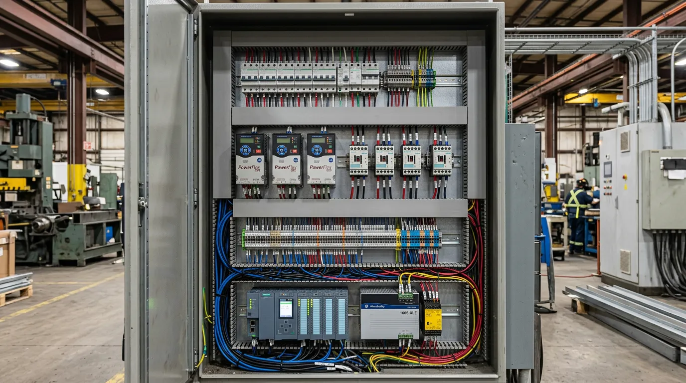Tablero eléctrico industrial fabricado por INSTALECT con breakers, contactores y cableado organizado