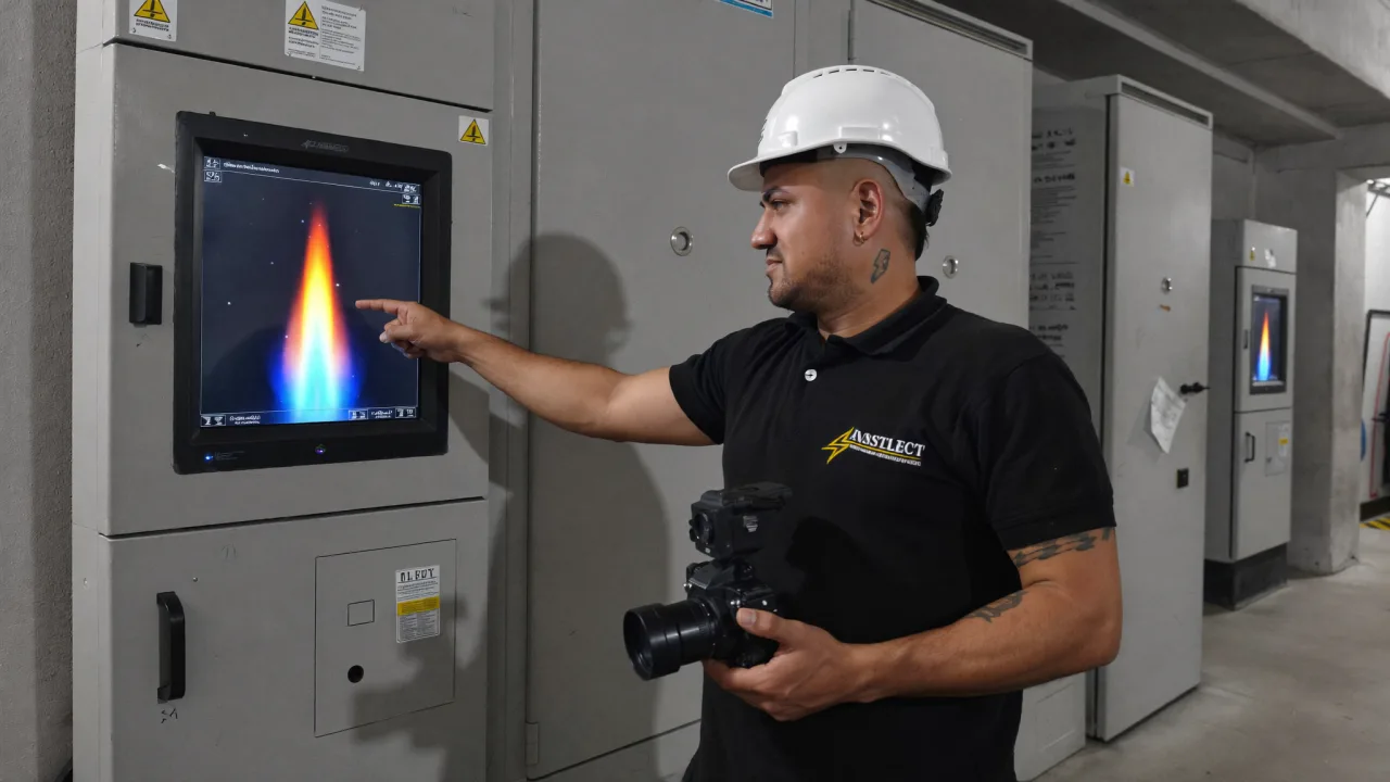 Ingeniero eléctrico con cámara termográfica FLIR detectando puntos calientes en tablero eléctrico